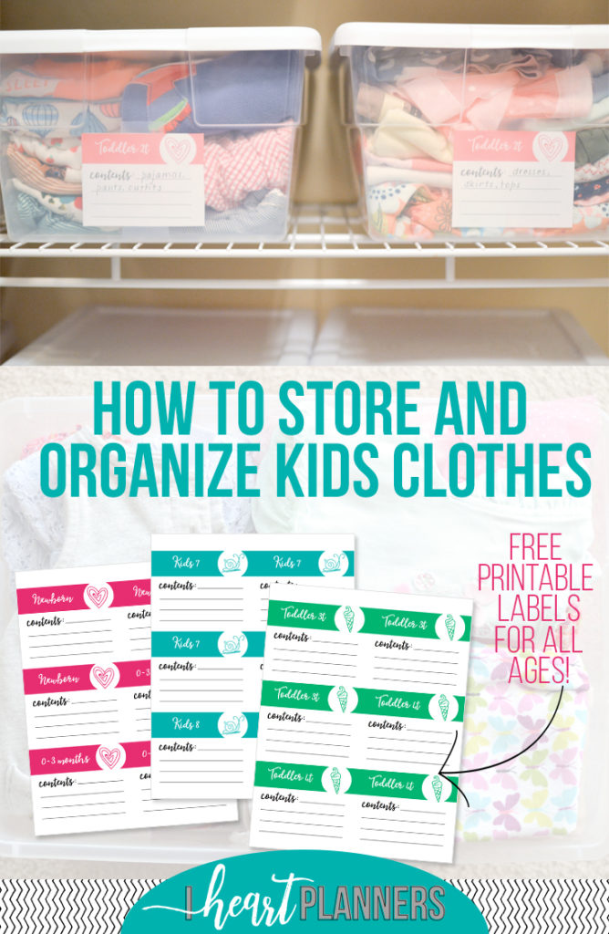 How to organize and store clothing that the kids are currently wearing and free printable labels for storage! - iheartplanners.com