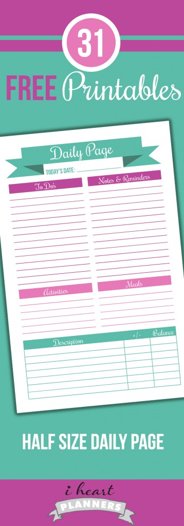 Half size (or A5) daily planner printable that includes a place to keep to track of money spent each day. This is perfect for half size planners in the junior discbound size or A5 filofax.