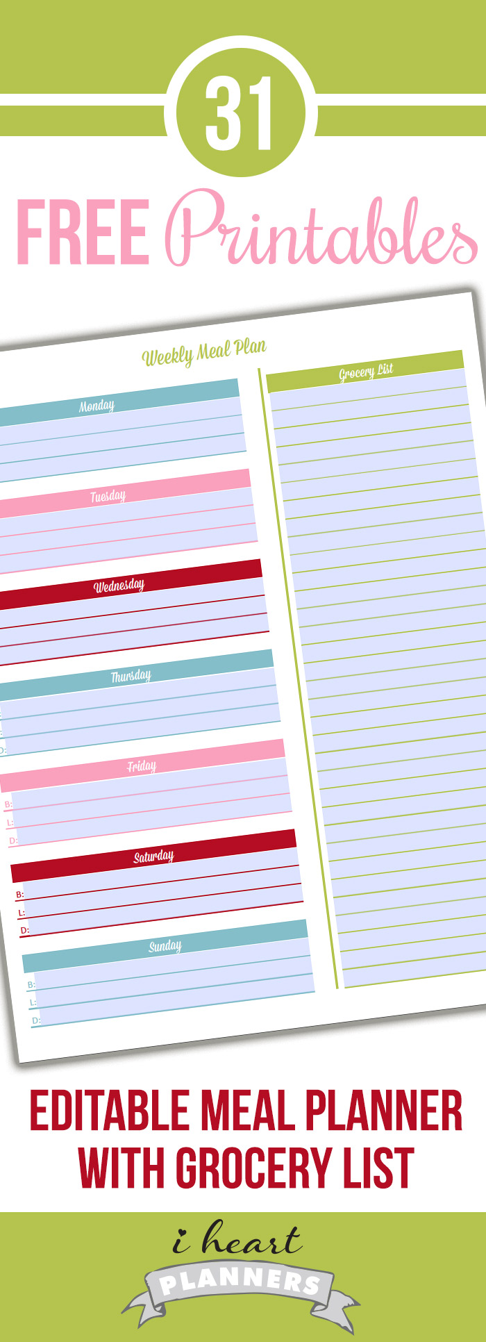 Free editable meal planner with grocery list
