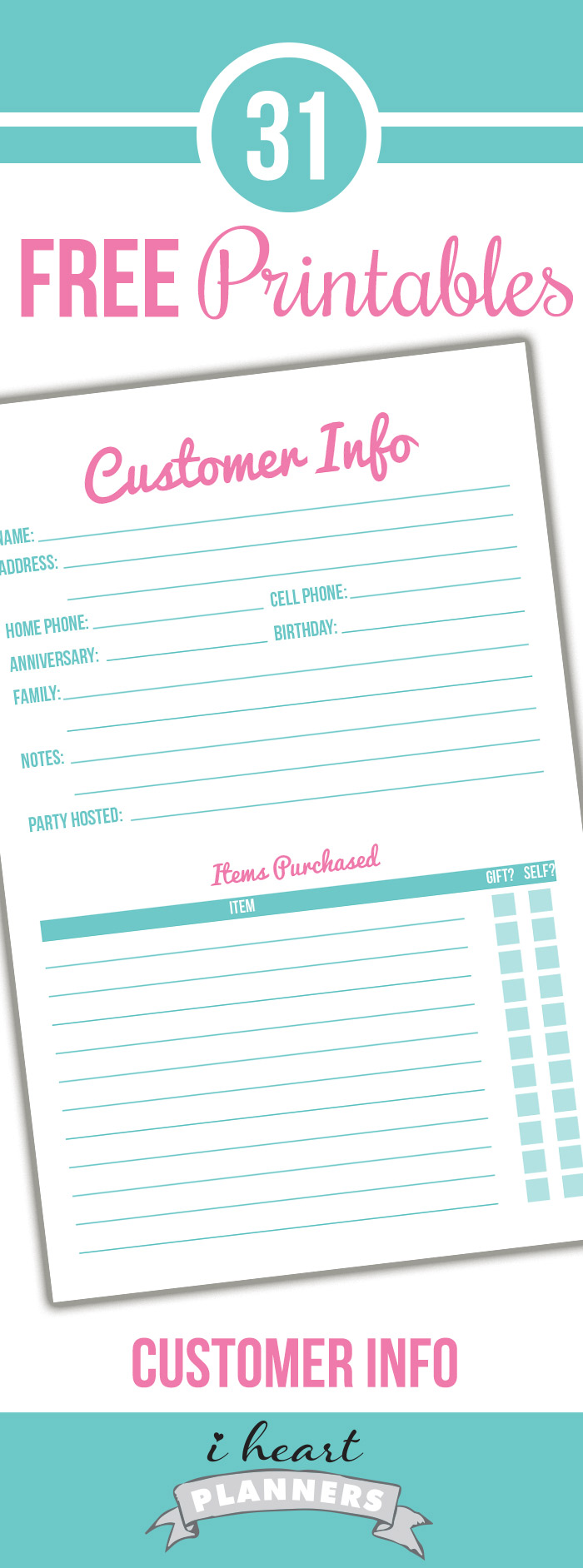 Free direct sales printable for customer information. This would be great for your direct sales planner. While it would work well in any direct sales business, it's in the Origami Owl color scheme.