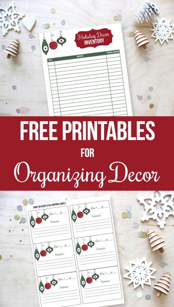 Free printables for organizing your holiday decor - includes free printable holiday decor labels and Christmas decor inventory sheet.