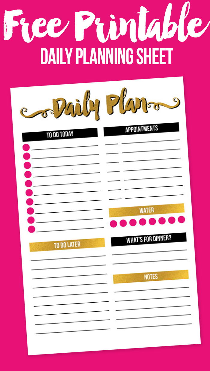 Free printable daily planning sheet - in half letter size with modern gold, black, and pink color palette.