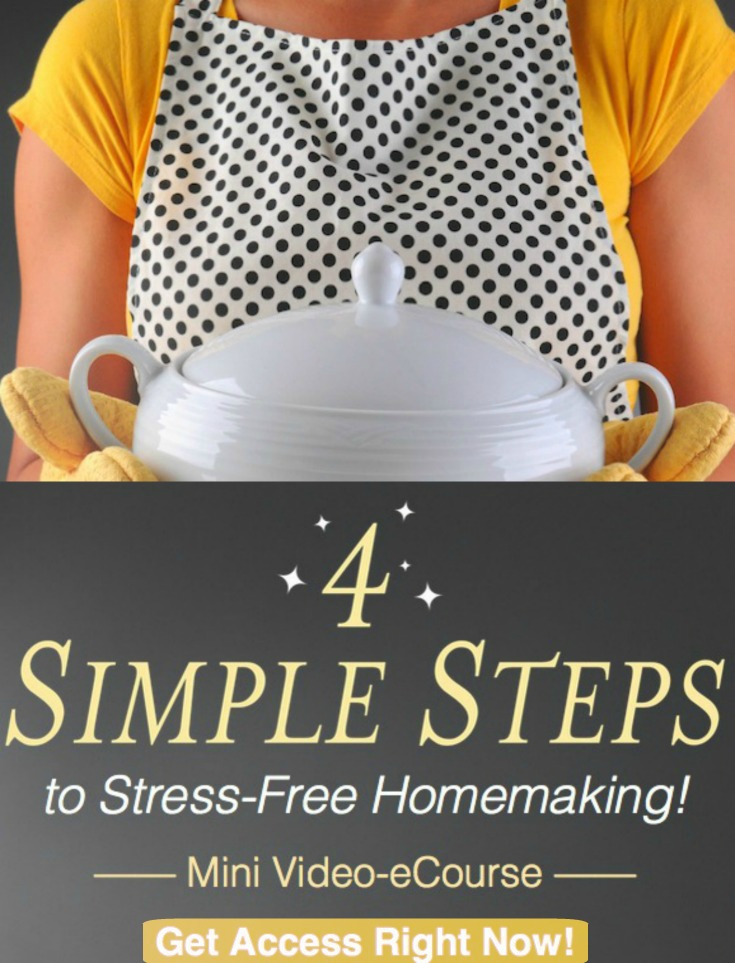 FREE ecourse to help you overcome overwhelm and simplify your homemaking. Learn how to overcome the laundry mountain, wake up to a clean kitchen daily, and more.