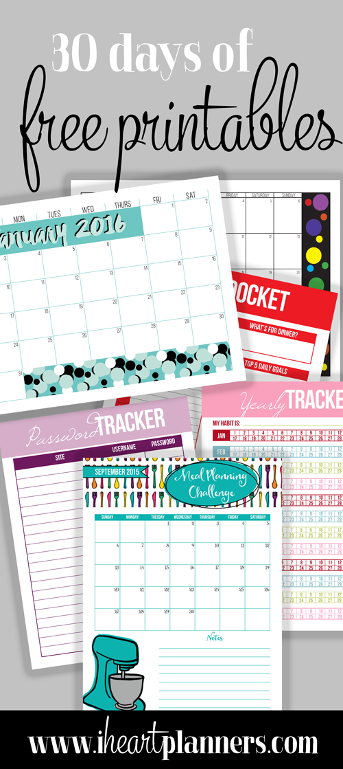 Lots of free printables for home organizing, calendars, meal planners, and more!