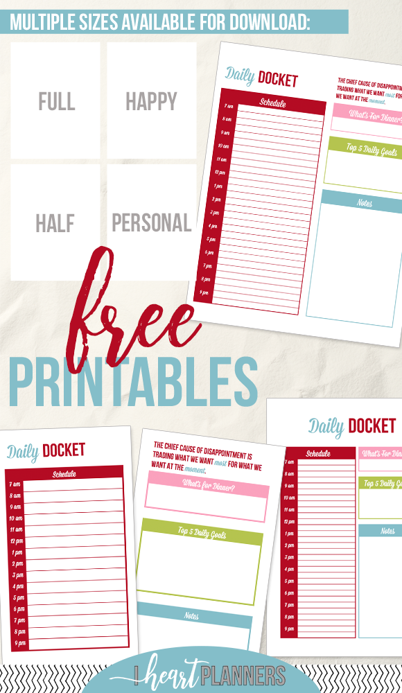 To help with daily planning I created this daily docket in multiple sizes, so you can download your favorite size: full size, happy planner size, half size, and personal size printables available. 