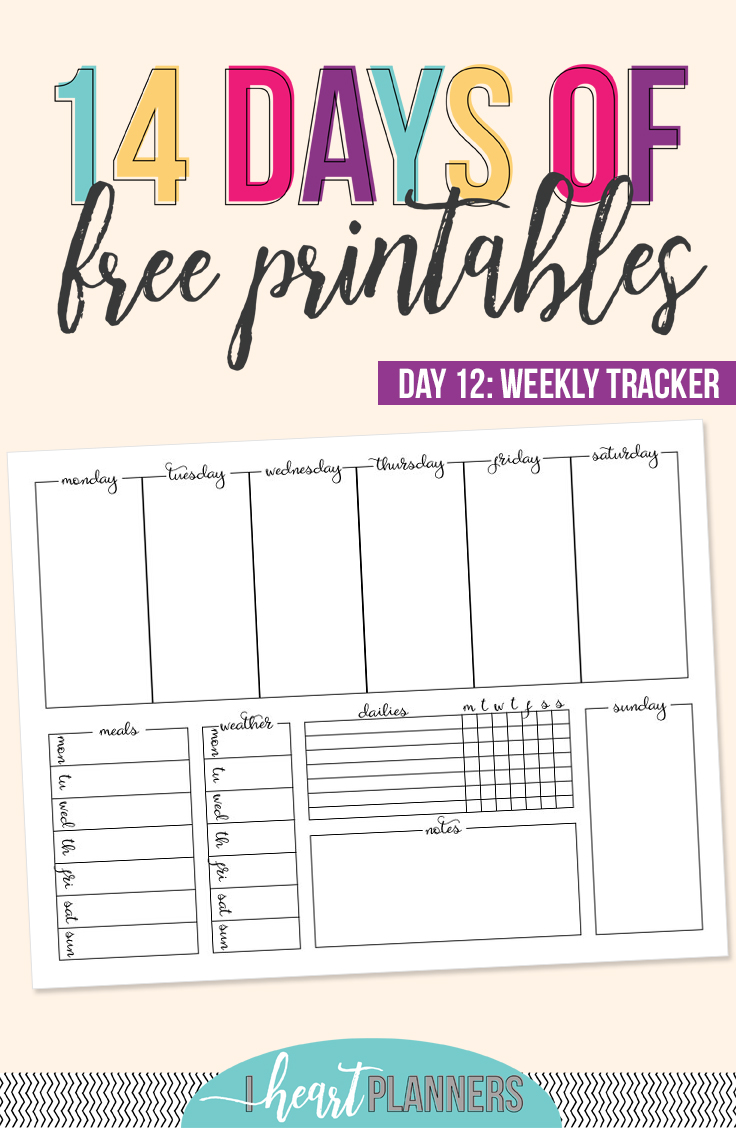 I created this one page weekly tracker layout. It packs a lot of information on this single page in more of a bullet journal style. Then you can use vibrant pens and pretty stickers to decorate. Find this and other free printables at iheartplanners.com