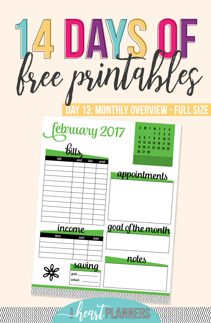 Today's printable is a request from Madalyn. She wanted a monthly overview with a few certain components on it. This printable is specifically for February 2017, but if I get enough requests, I'll definitely add future months to the club. Don't miss this and other free printables at iheartplanners.com