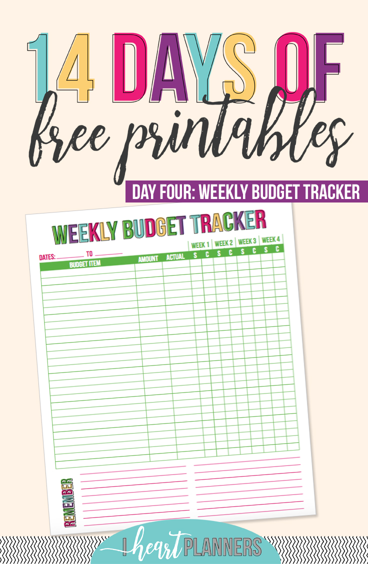Welcome to day 4 of 14 days of free printables! Today’s printable is a full size weekly budget tracker, which is especially great for families that get paid weekly. Join today to receive all 14 days of printable FREE! www.iheartplanners.com