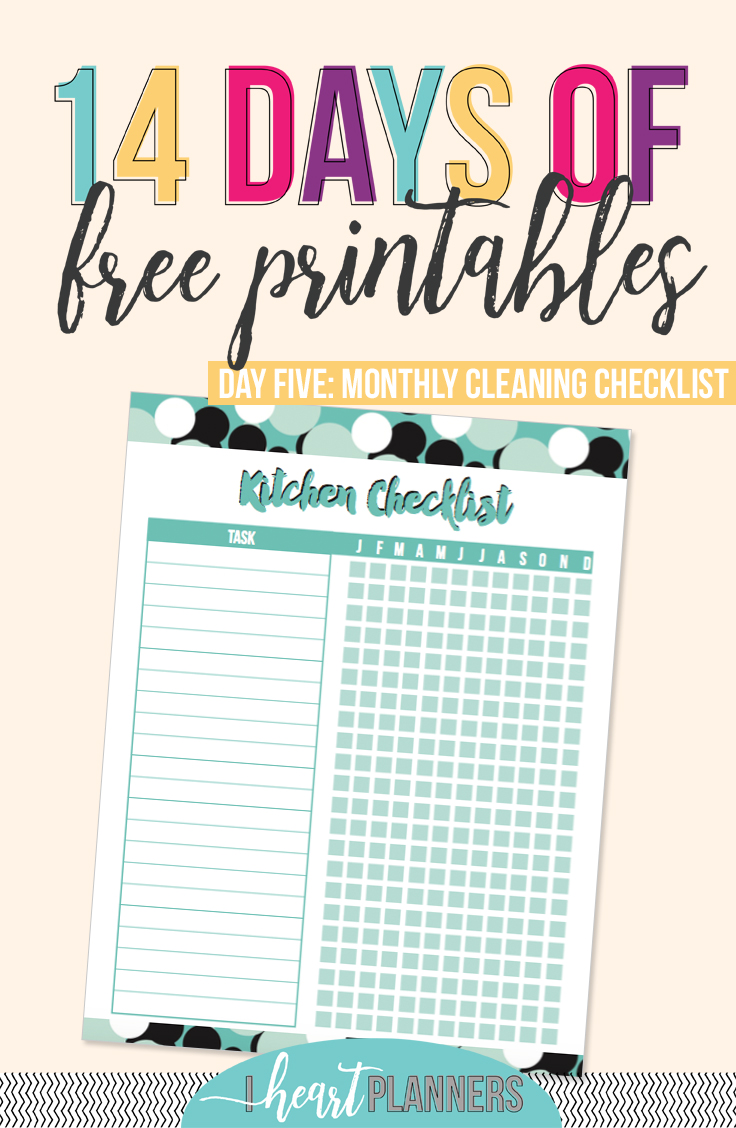Welcome to day 5 of 14 days of free printables! Today’s printable is a full size kitchen cleaning checklist for tasks that need to be done monthly. You can write down all the tasks that need to be done each month, and check them off as you complete them. Find this and 13 other FREE printable at www.iheartplanners.com